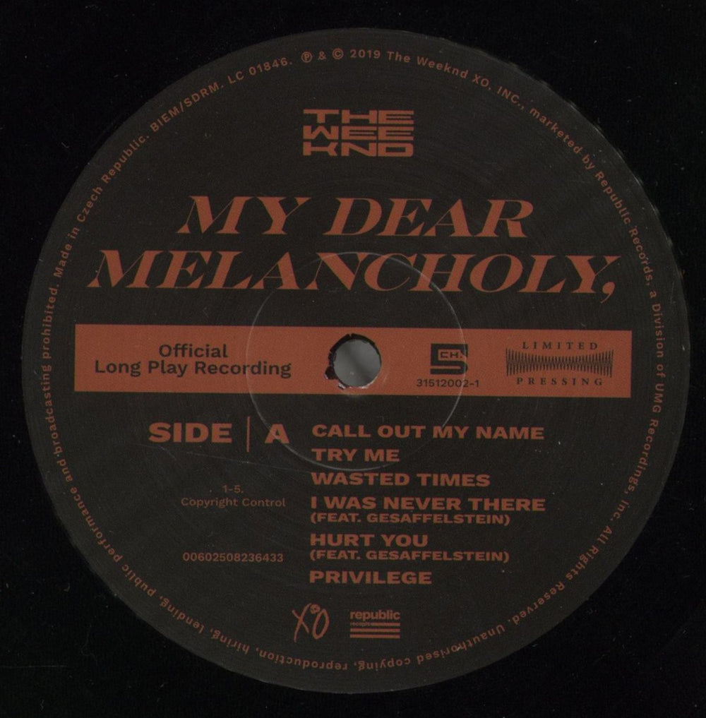 The Weeknd My Dear Melancholy, - RSD 2020 UK 12" vinyl single (12 inch record / Maxi-single) YRS12MY871223