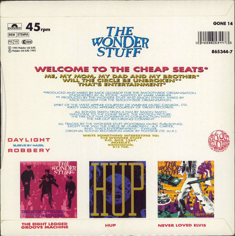 The Wonder Stuff Welcome to the Cheap Seats EP + Promo Postcard UK 7" vinyl single (7 inch record / 45) 042286534473