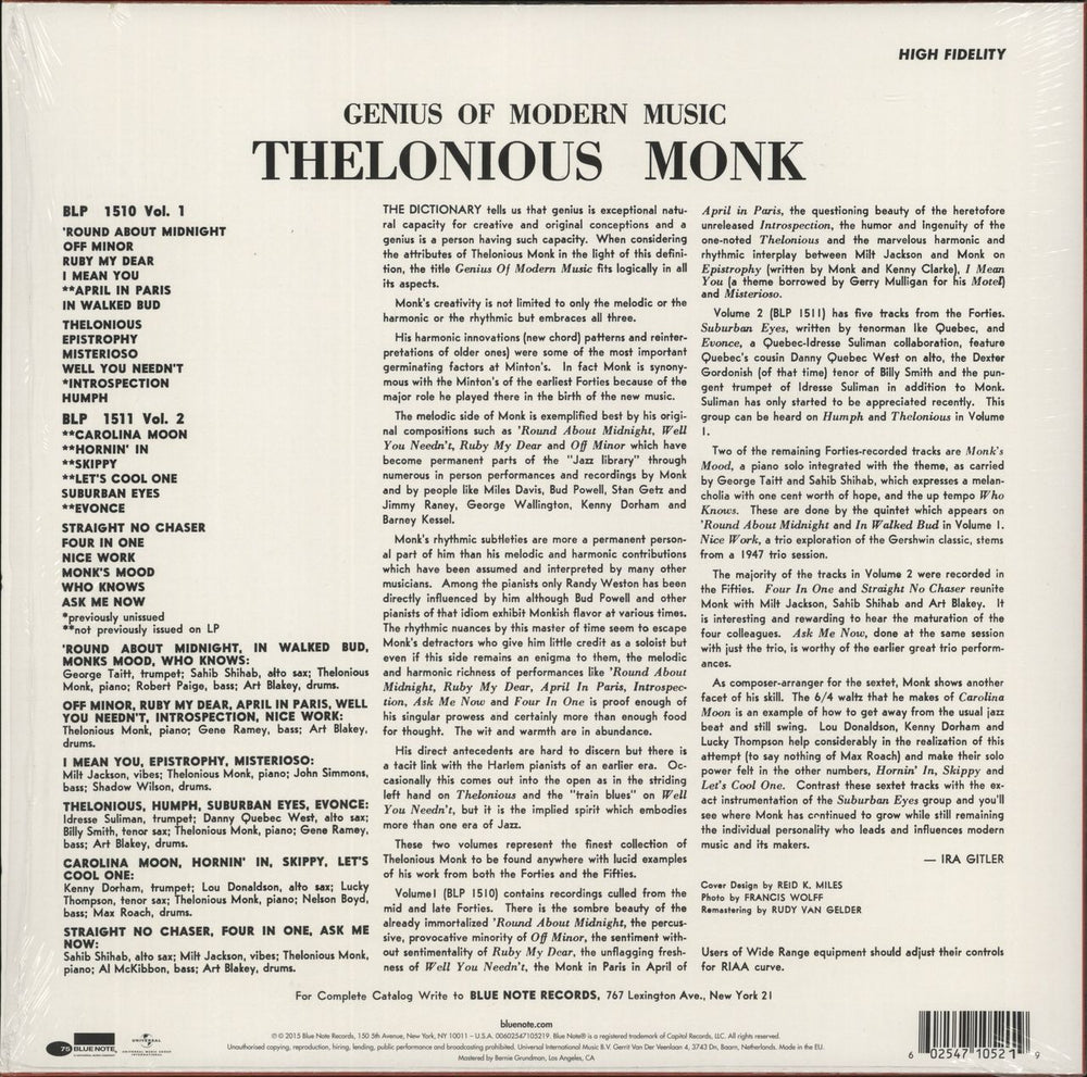 Thelonious Monk Genius Of Modern Music Volume 2 - Blue Note Records 75th Anniversary US vinyl LP album (LP record) 602547105219
