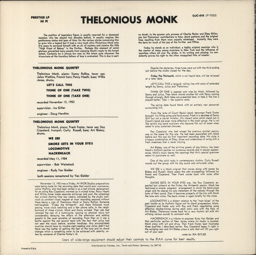 Thelonious Monk Monk US vinyl LP album (LP record)