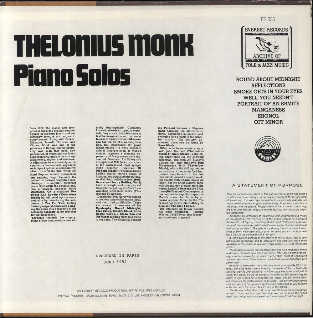 Thelonious Monk Piano Solos US vinyl LP album (LP record)