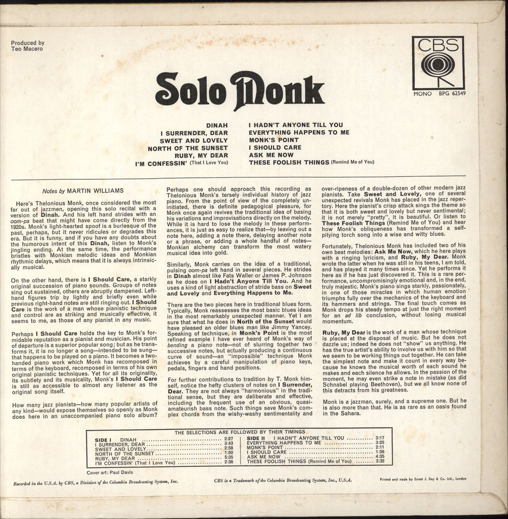 Thelonious Monk Solo Monk UK vinyl LP album (LP record)