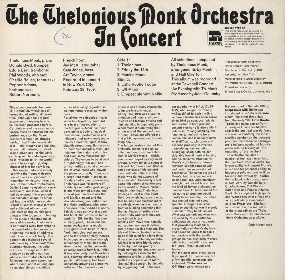 Thelonious Monk The Thelonious Monk Orchestra In Concert UK vinyl LP album (LP record)