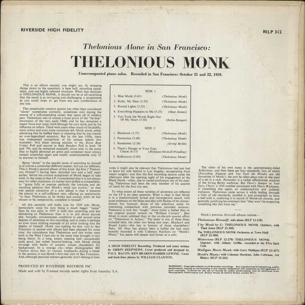 Thelonious Monk Thelonious Alone In San Francisco UK vinyl LP album (LP record)