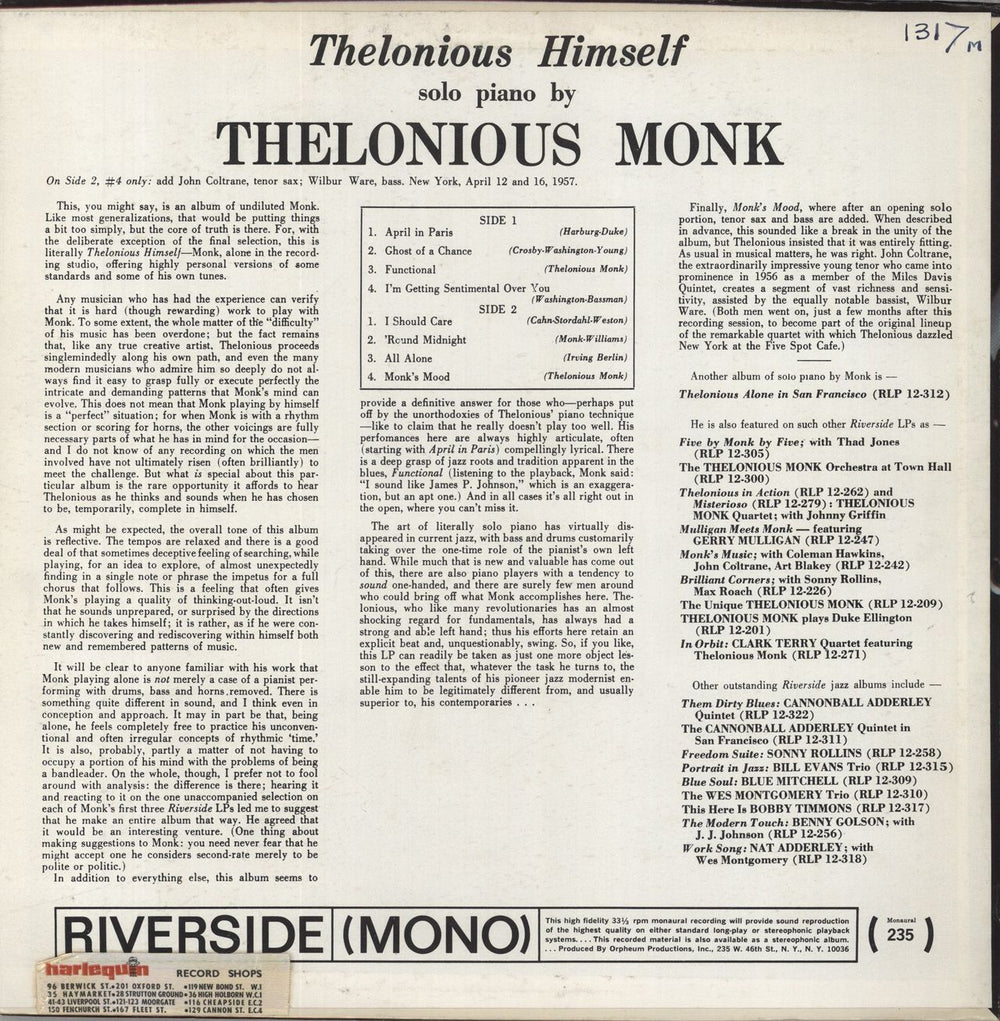 Thelonious Monk Thelonious Himself US vinyl LP album (LP record)