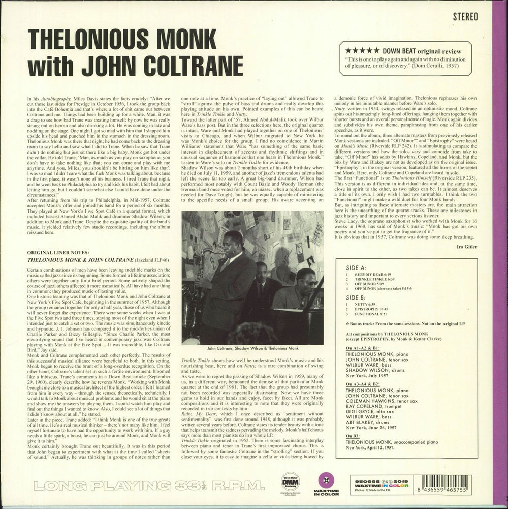 Thelonious Monk Thelonious Monk With John Coltrane - Purple Vinyl UK vinyl LP album (LP record) 8436559465755