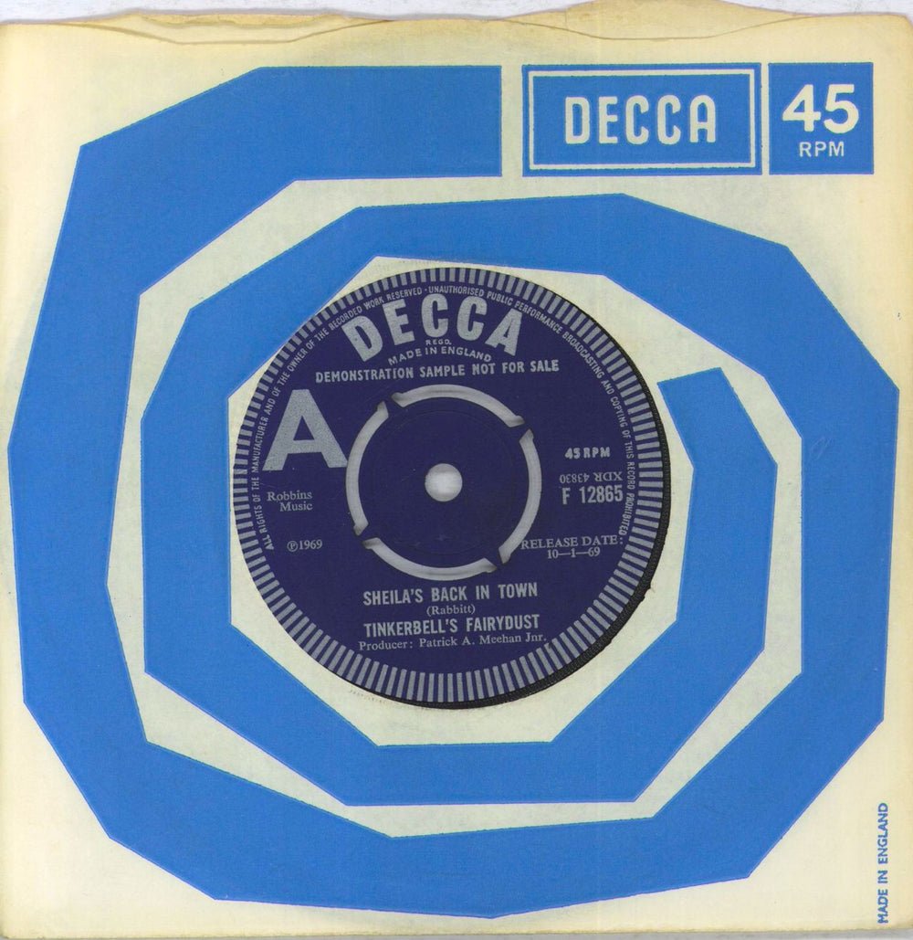 Tinkerbell's Fairydust Sheila's Back In Town - 'A' Label UK Promo 7" vinyl single (7 inch record / 45) F12865