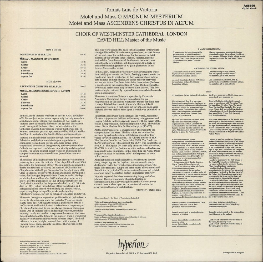 Tomas Luis De Victoria O Magnum Mysterium • Ascendens Christus In Altum UK vinyl LP album (LP record)
