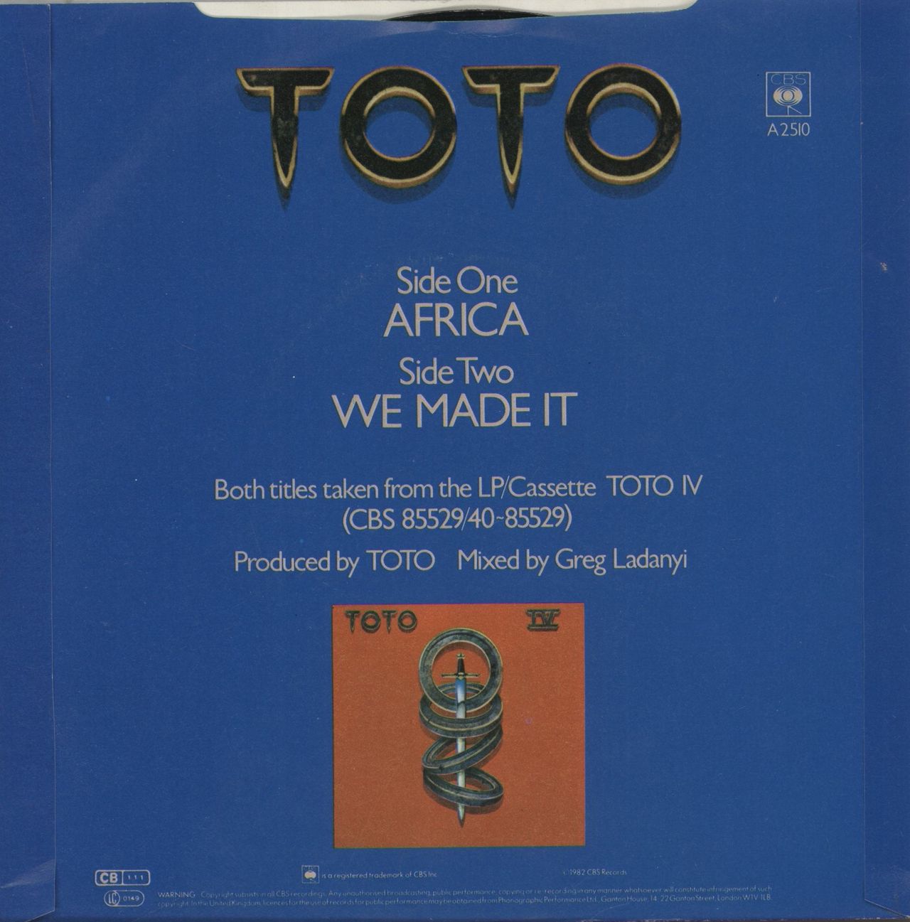 Toto Africa - Inj + Sleeve UK 7