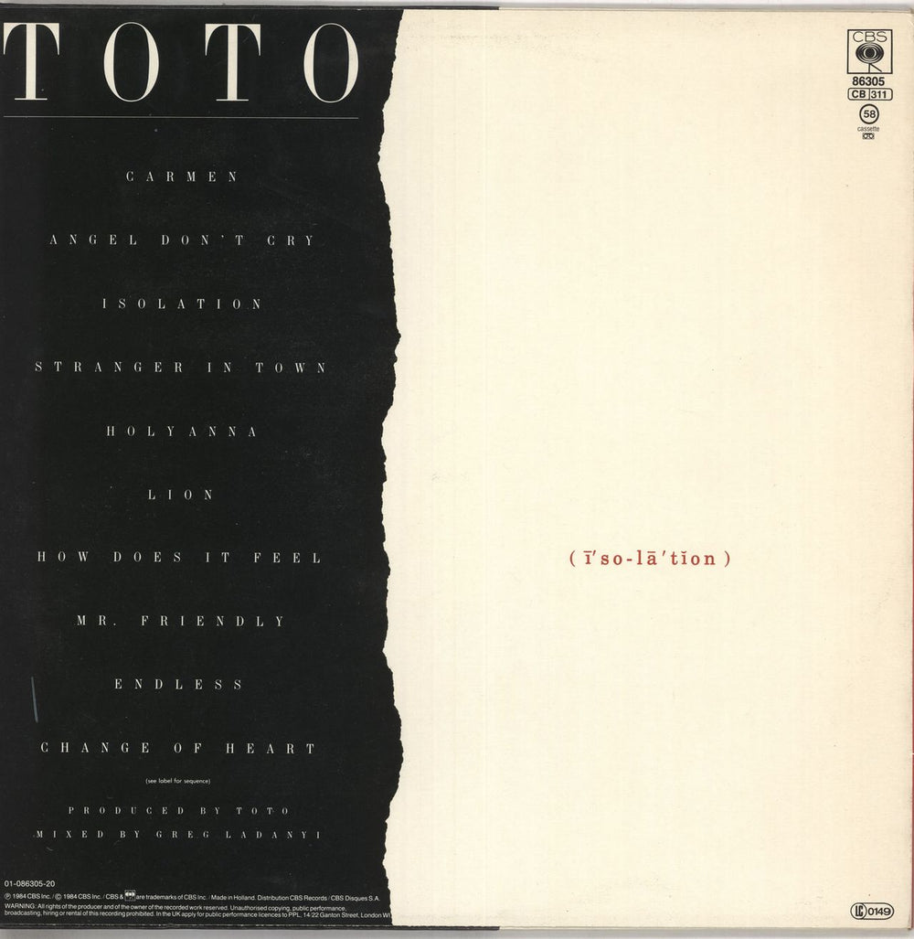 Toto Isolation Dutch vinyl LP album (LP record)