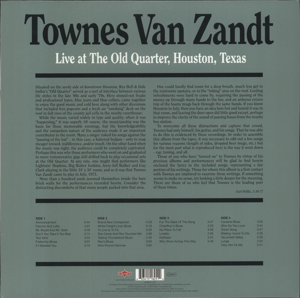 Townes Van Zandt Live At The Old Quarter, Houston, Texas - 180 Gram Vinyl UK 2-LP vinyl record set (Double LP Album) 803415182510