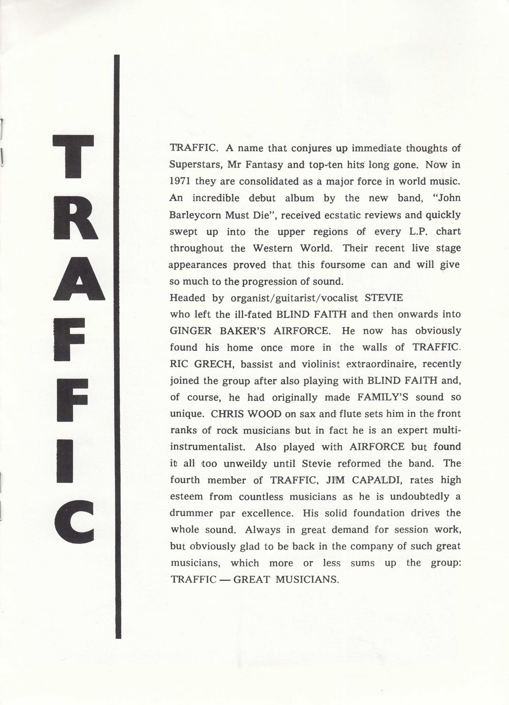 Traffic In Concert + Ticket Stub UK tour programme 1971