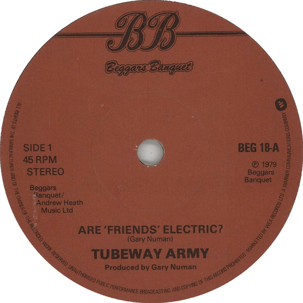 Tubeway Army Are Friends Electric? - solid UK 7" vinyl single (7 inch record / 45) BEG18