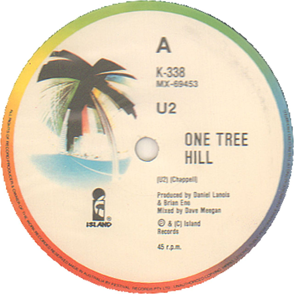 U2 One Tree Hill + Lyric Insert Australian 7" vinyl single (7 inch record / 45)