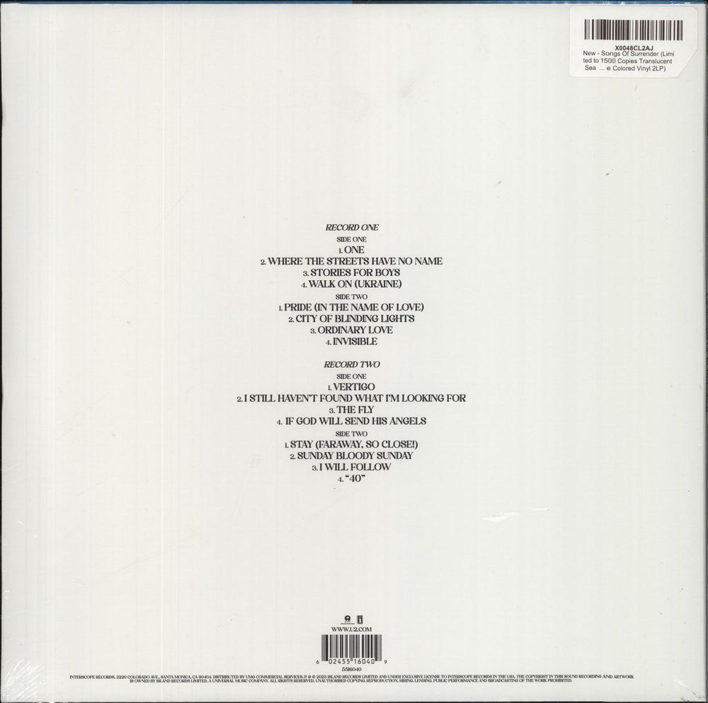 U2 Songs Of Surrender: SiriusXM Edition - Blue Vinyl - Sealed US 2-LP vinyl record set (Double LP Album) 602455160409