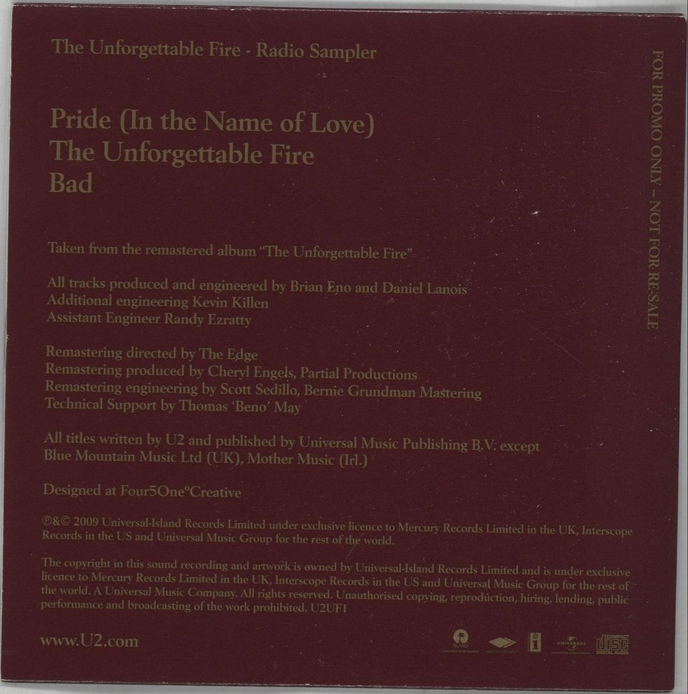 U2 The Unforgettable Fire Radio Sampler UK Promo CD single (CD5 / 5") U-2C5TH492933