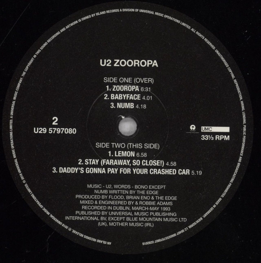 U2 Zooropa: Remastered 180 Gram Vinyl - EX UK 2-LP vinyl record set (Double LP Album) U-22LZO837012