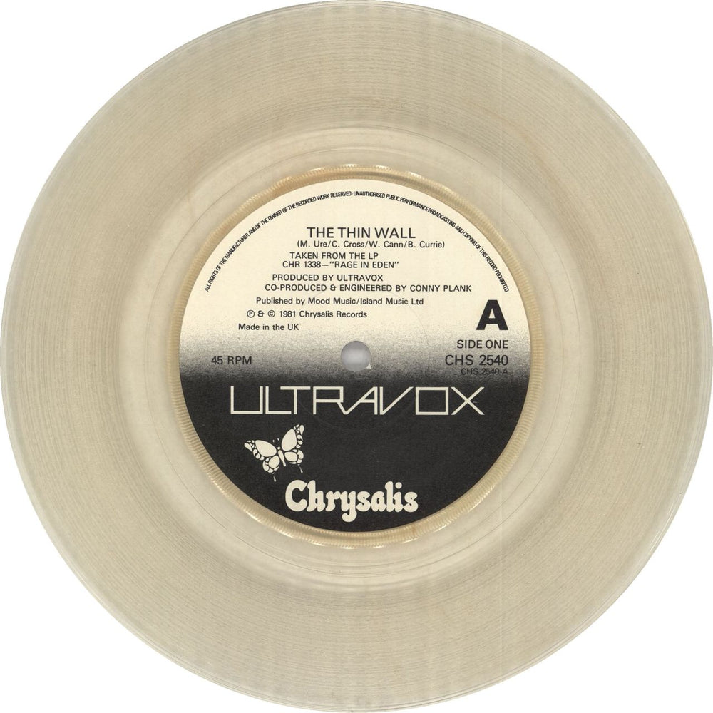 Ultravox The Thin Wall - Clear Vinyl UK 7" vinyl single (7 inch record / 45) VOX07TH28124