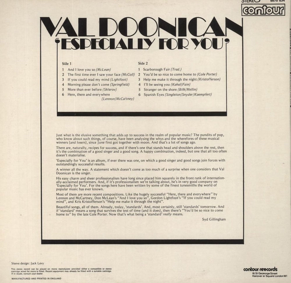 Val Doonican Especially For You UK vinyl LP album (LP record)