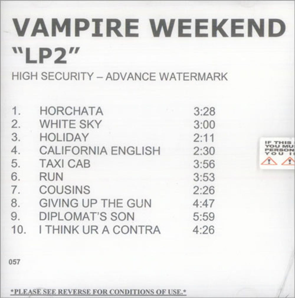 Vampire Weekend LP2 US CD-R acetate CDR ACETATE