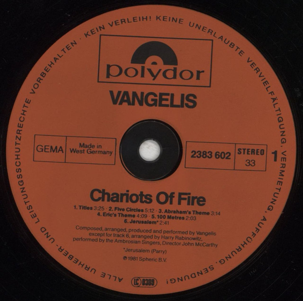 Vangelis Chariots Of Fire German vinyl LP album (LP record) VGELPCH737781