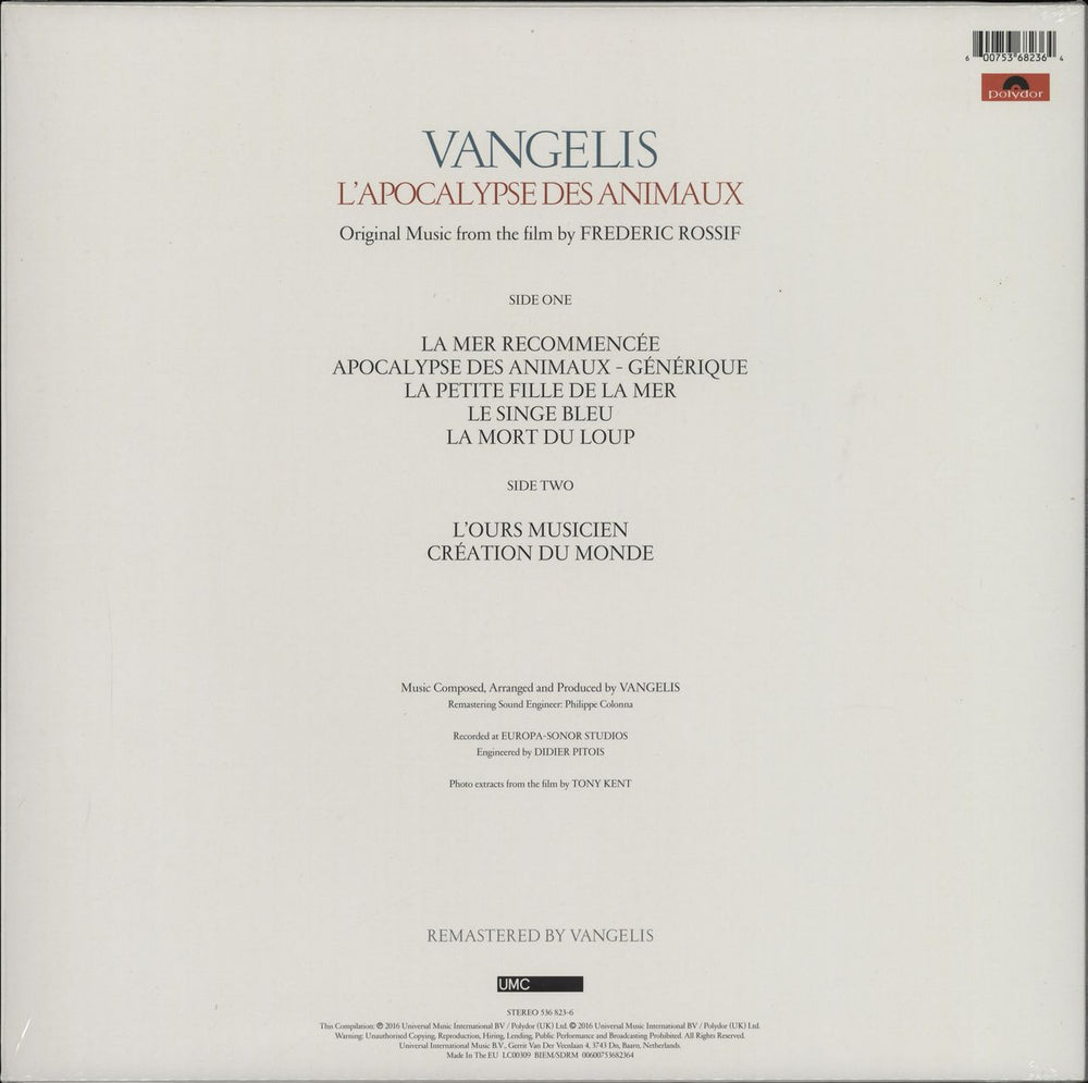Vangelis L'Apocalypse Des Animaux + Hype Sticker - 180gm UK vinyl LP album (LP record) 600753682364