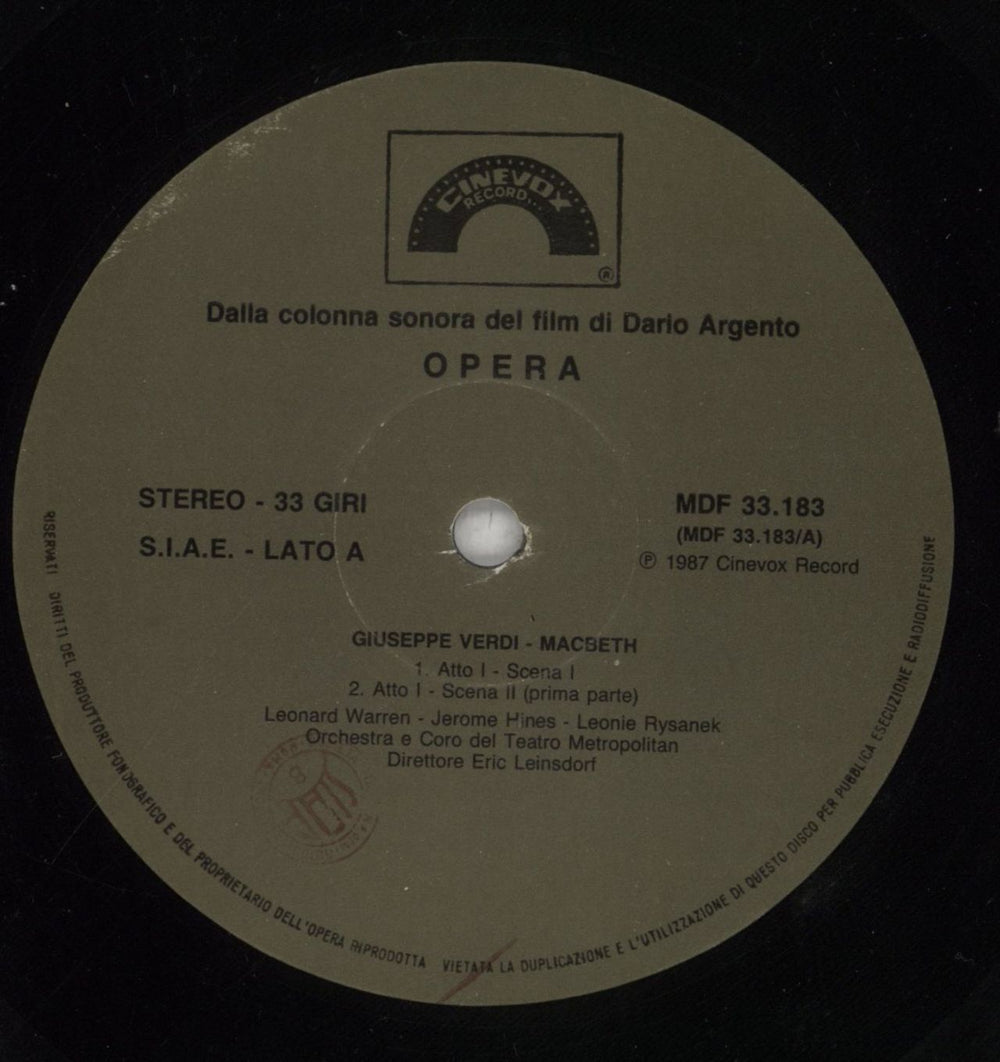 Various Artists Opera (Un Film Di Dario Argento) Italian vinyl LP album (LP record) VARLPOP856007