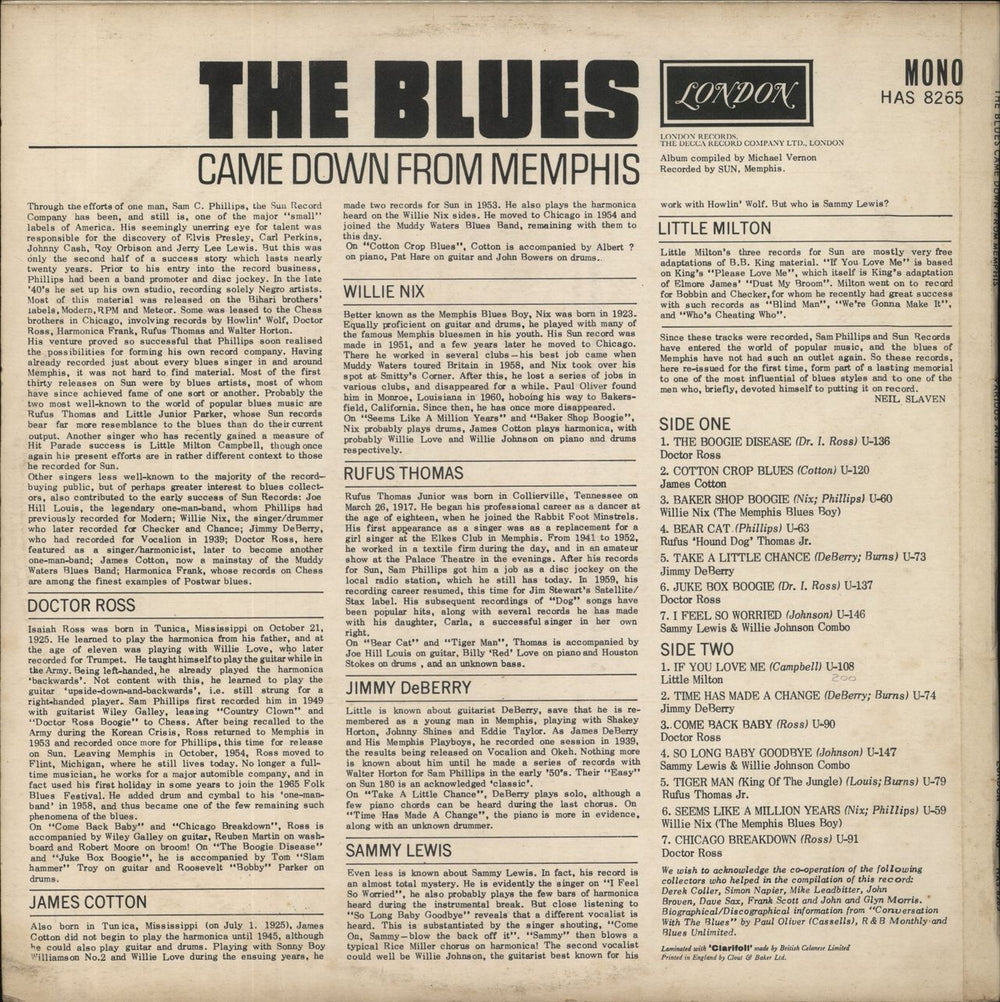 Various-Blues & Gospel The Blues Came Down From Memphis - EX UK vinyl LP album (LP record)