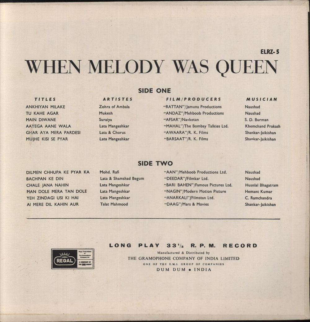 Various-Bollywood When Melody Was Queen Indian vinyl LP album (LP record)