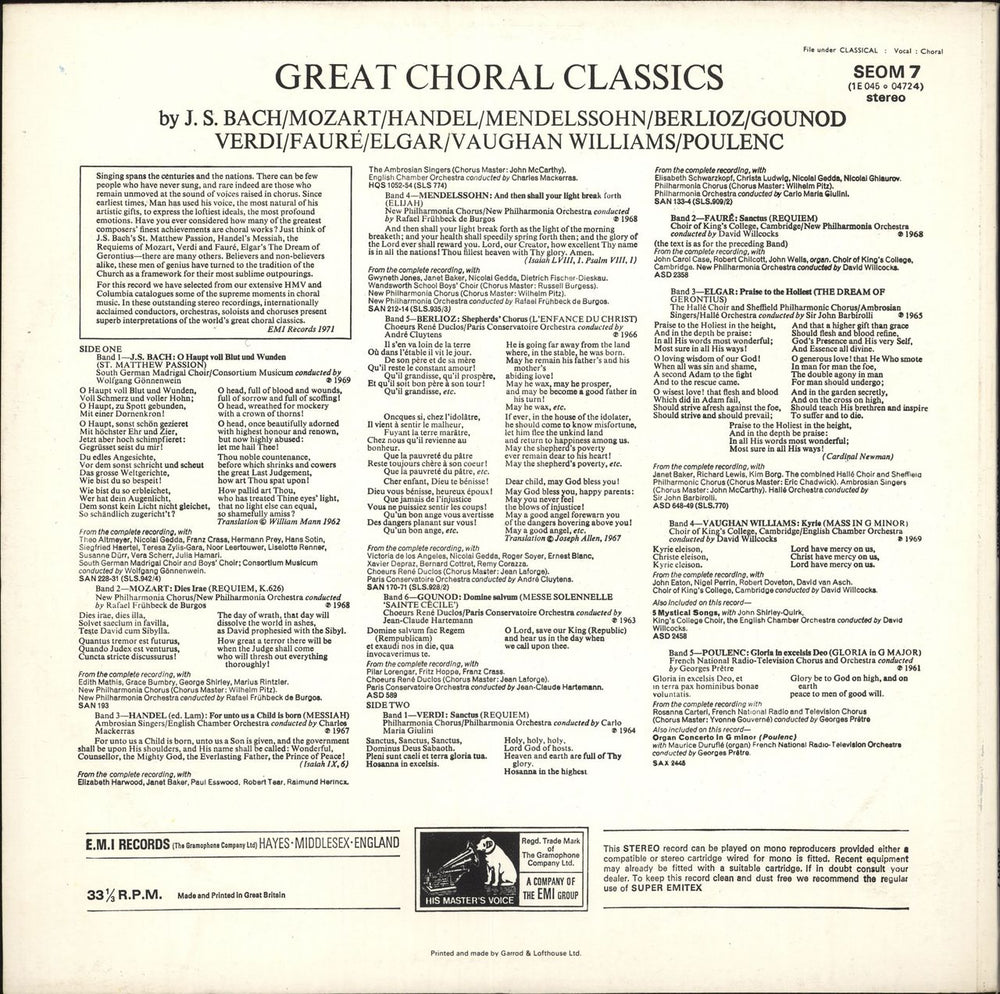 Various-Classical & Orchestral Great Choral Classics UK vinyl LP album (LP record)