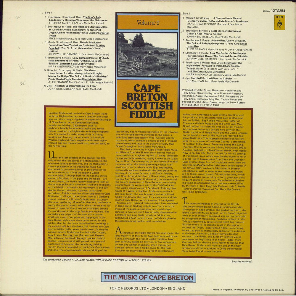 Various-Folk The Music Of Cape Breton - Volume 2 Cape Breton Scottish Fiddle UK vinyl LP album (LP record)