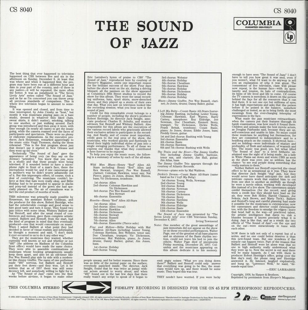 Various-Jazz The Sound Of Jazz - 180gram US 2-LP vinyl record set (Double LP Album)