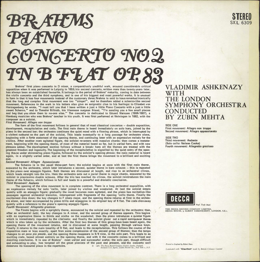 Vladimir Ashkenazy Brahms: Piano Concerto No. 2 in B Flat, Op.83 UK vinyl LP album (LP record)