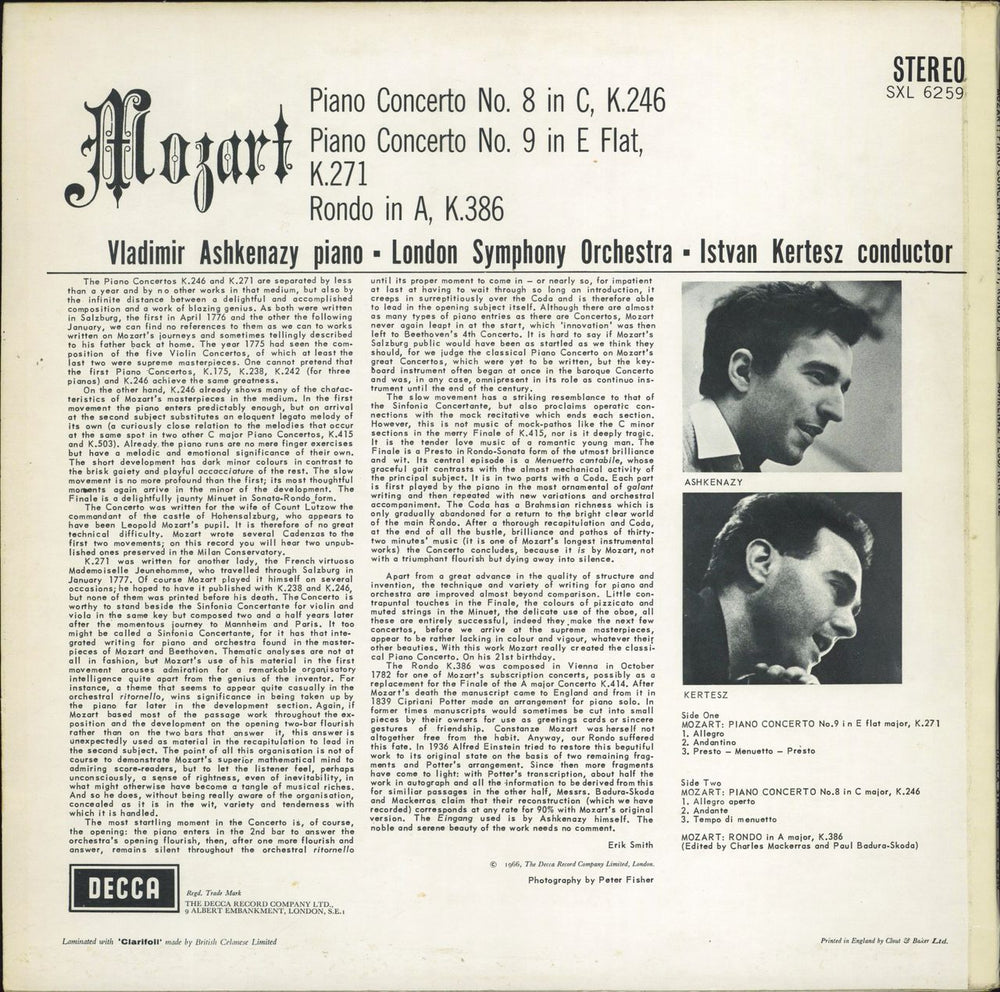 Vladimir Ashkenazy Mozart: Piano Concerto No. 8, No. 9 & Rondo in A UK vinyl LP album (LP record)