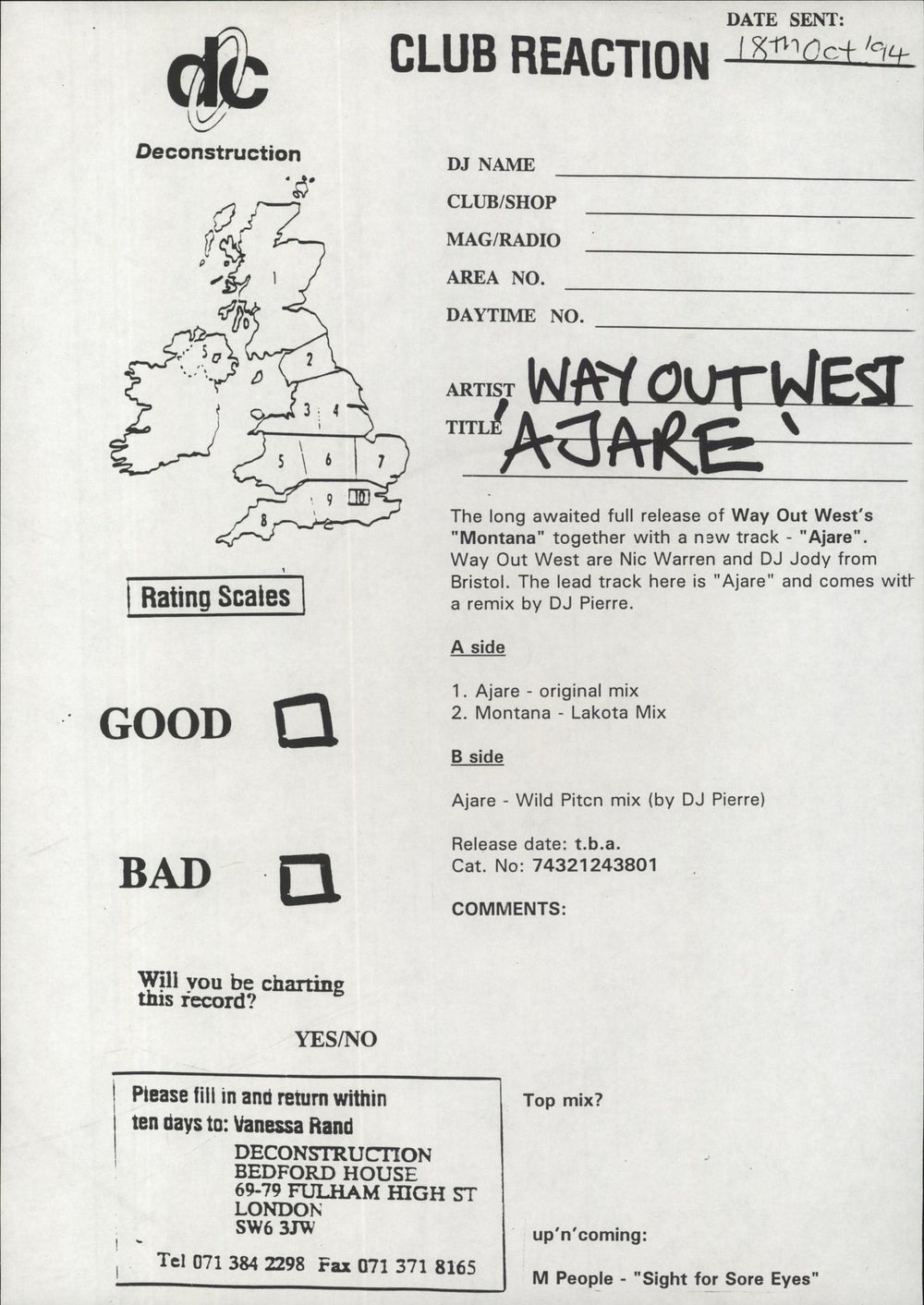 Way Out West Ajare + Promo Sheet UK Promo 12" vinyl single (12 inch record / Maxi-single) WYW12AJ840836