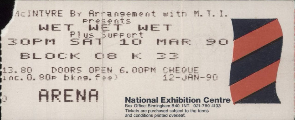 Wet Wet Wet The River Holding Back World Tour 89/90 - Ticket Stub UK tour programme WETTRTH836054