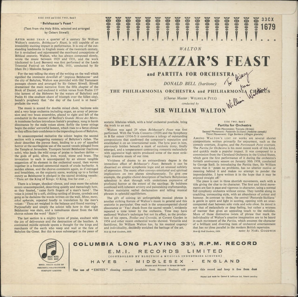 William Walton Belshazzar's Feast - Autographed UK vinyl LP album (LP record)