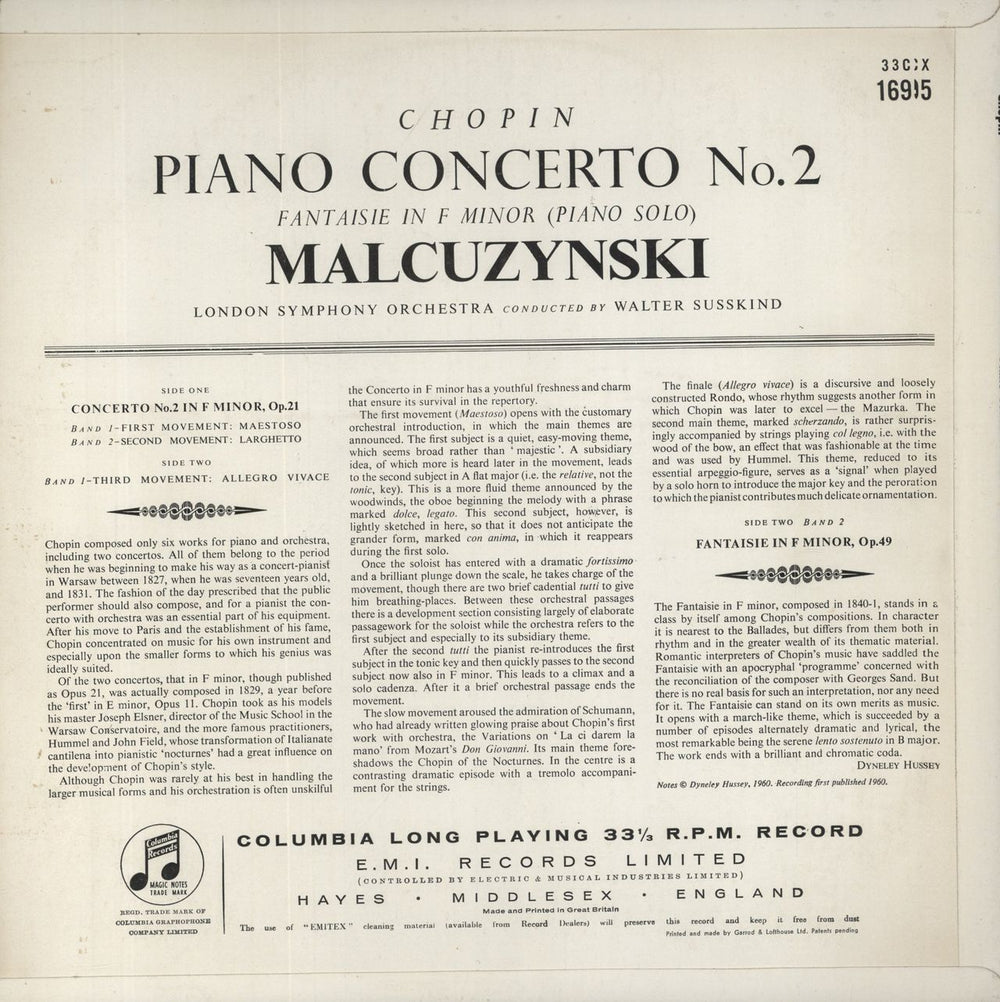 Witold Malcuzynski Chopin: Piano Concerto No. 2 / Fantaisie in F Minor UK vinyl LP album (LP record)