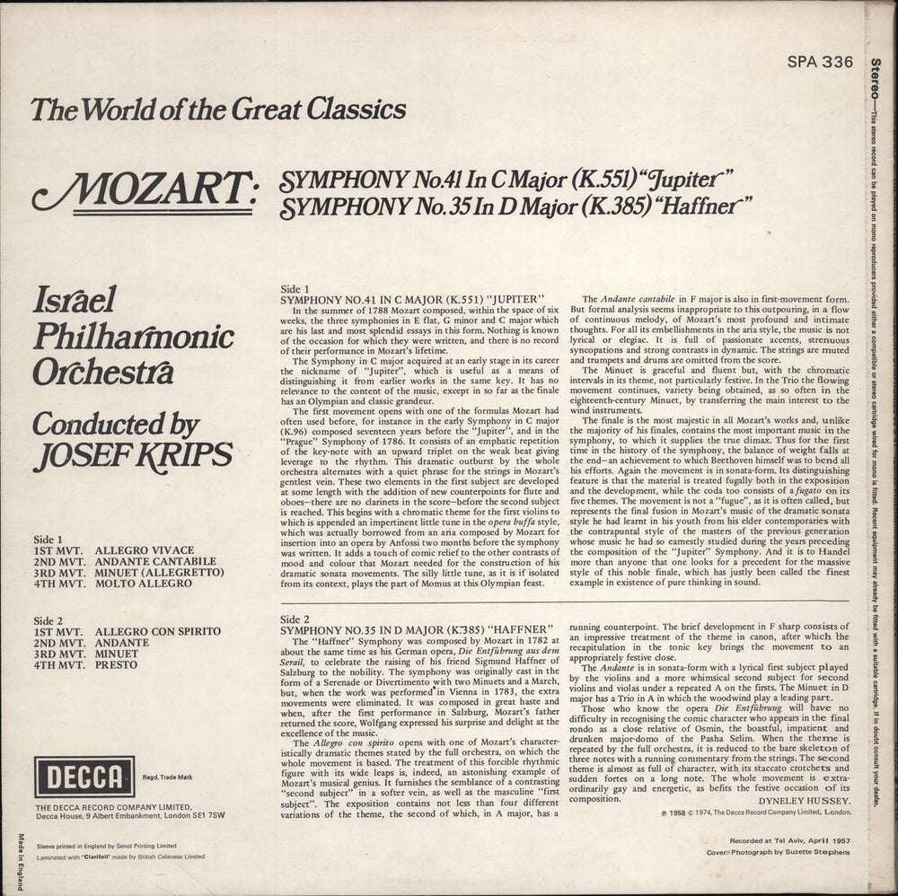 Wolfgang Amadeus Mozart Mozart: "Jupiter" & "Haffner" Symphonies UK vinyl LP album (LP record)