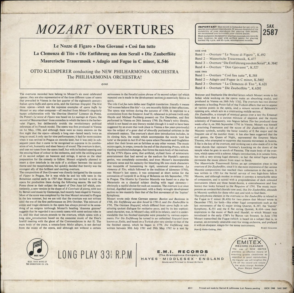 Wolfgang Amadeus Mozart Mozart Overtures - 2nd UK vinyl LP album (LP record)