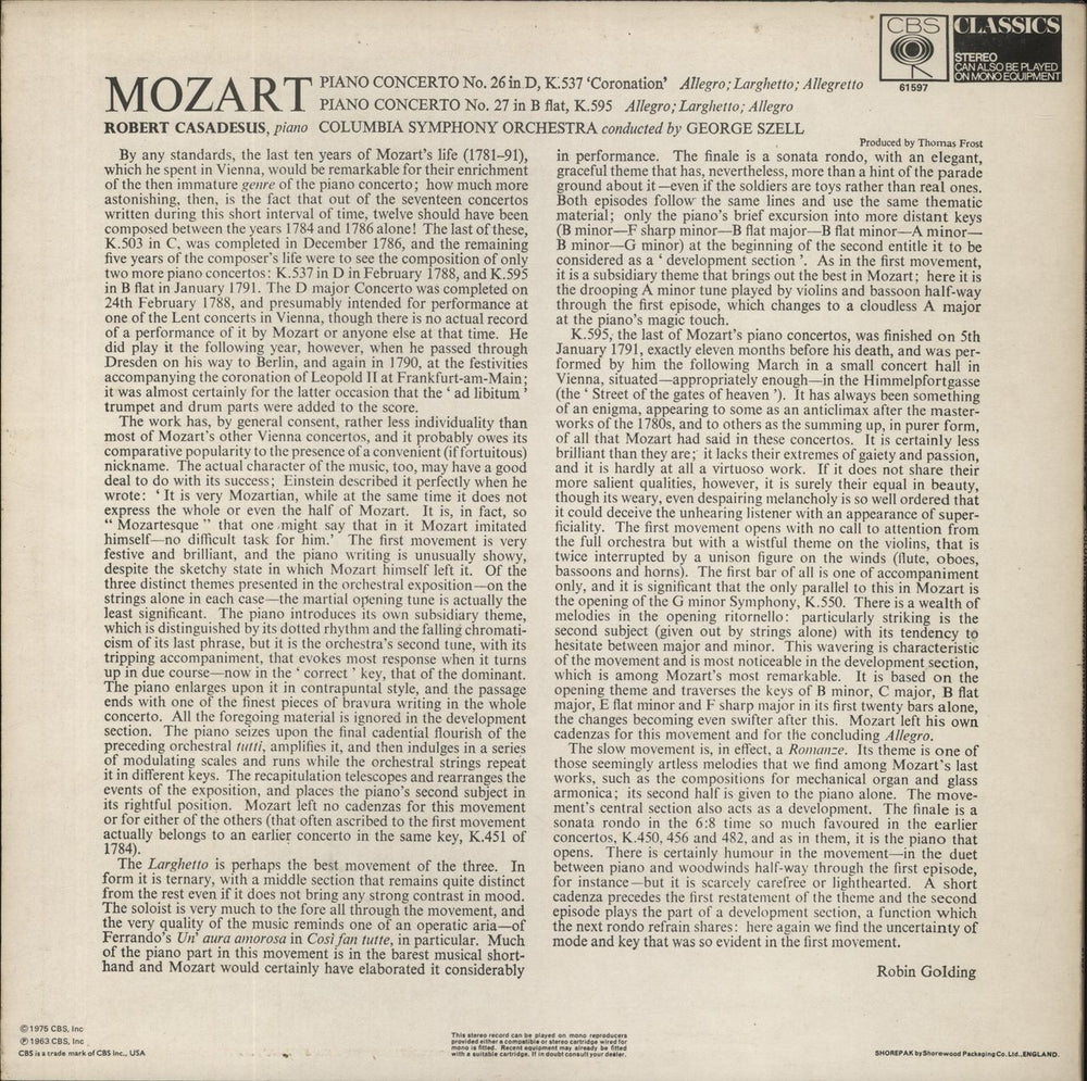 Wolfgang Amadeus Mozart Mozart: Piano Concerto No. 26 In D Major "Coronation", Piano Concerto No. 27 In B-Flat Major UK vinyl LP album (LP record)