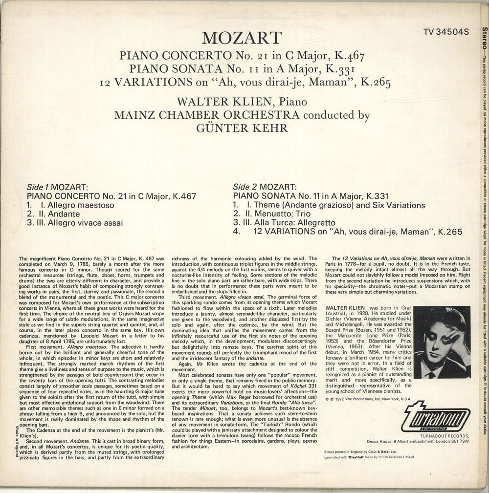 Wolfgang Amadeus Mozart Piano Concerto No. 21 UK vinyl LP album (LP record)