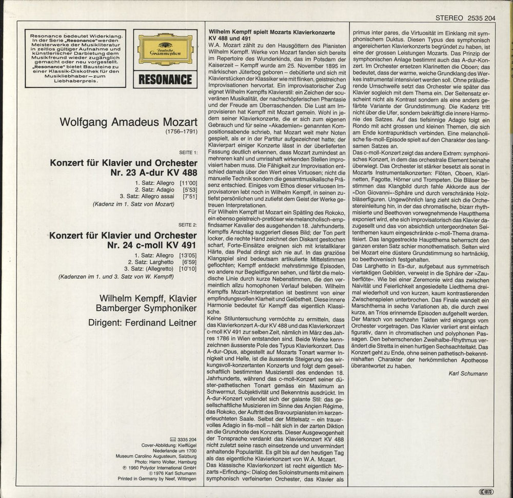 Wolfgang Amadeus Mozart Piano Concertos No. 23 In A Major, K. 488 / No. 24 In C Minor, K. 491 German vinyl LP album (LP record) WZMLPPI836694