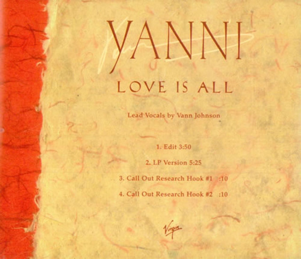 Yanni Love Is All US Promo CD single (CD5 / 5") 13121-2