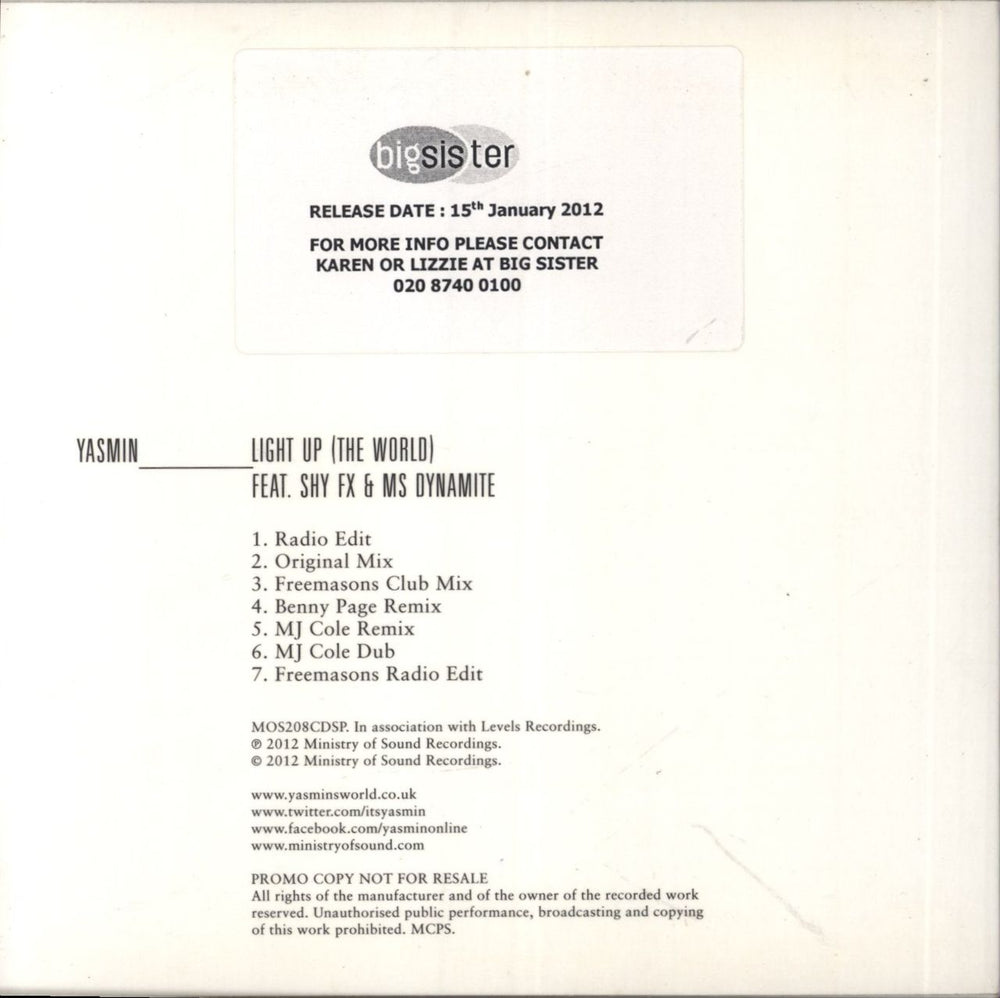 Yasmin (Dance) Light Up [The World] UK Promo CD single (CD5 / 5")