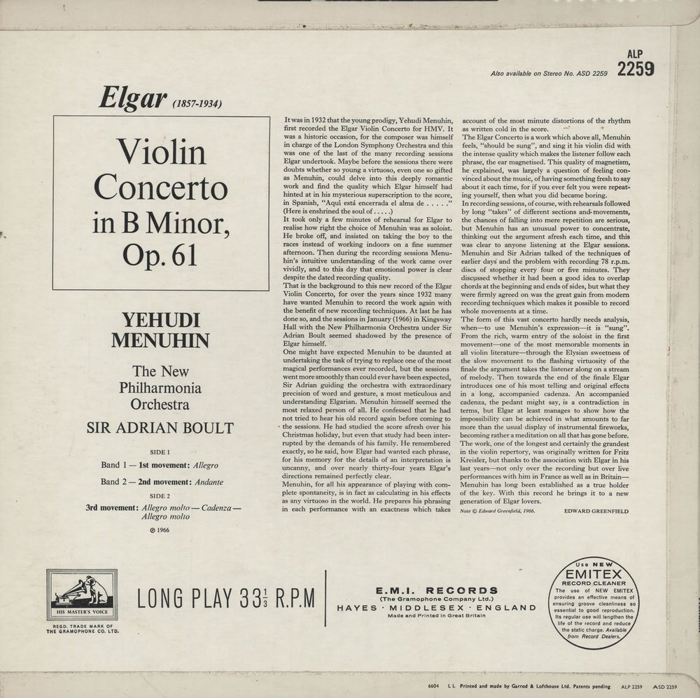 Yehudi Menuhin Elgar: Violin Concerto in B Minor, Op. 61 UK vinyl LP album (LP record)