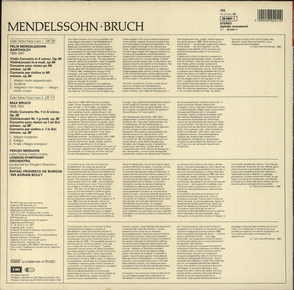 Yehudi Menuhin Violinkonzerte / Violin Concertos German vinyl LP album (LP record) 5099929049110