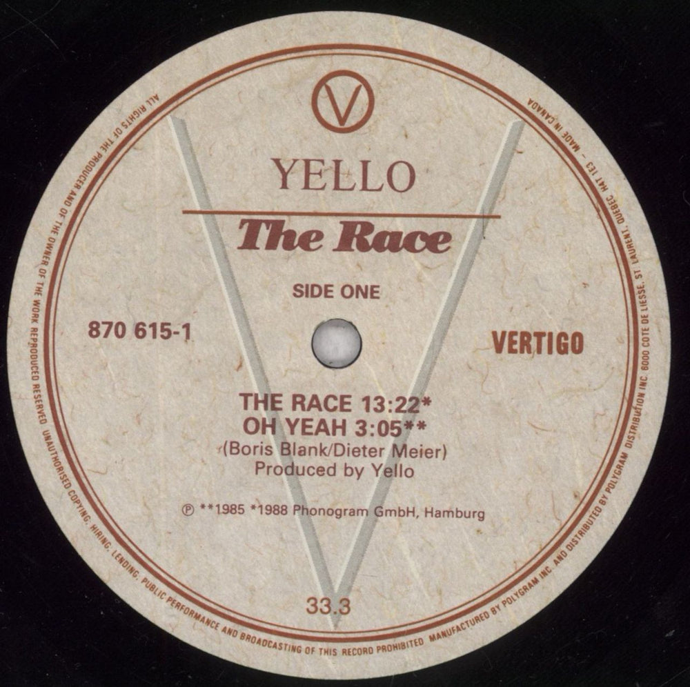 Yello The Race - VG Canadian 12" vinyl single (12 inch record / Maxi-single) YEL12TH848029