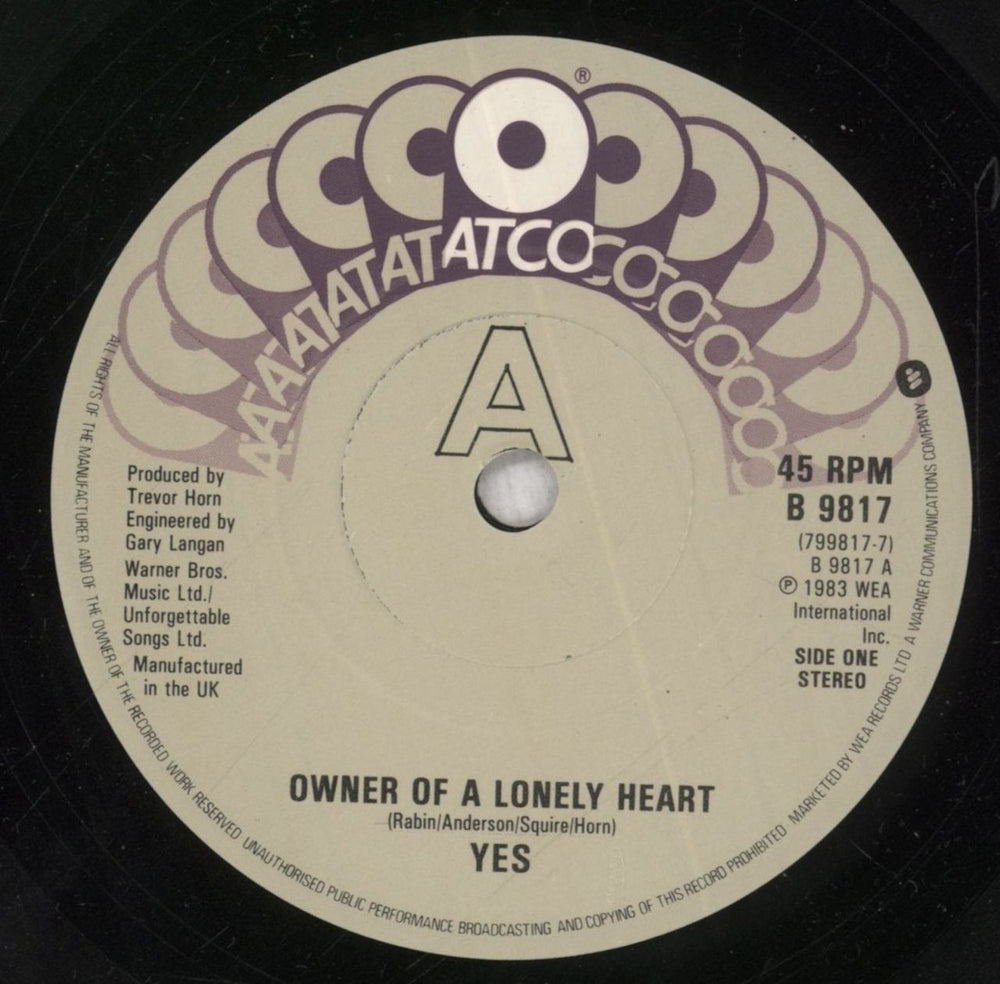 Yes Owner Of A Lonely Heart - Hype stickered UK 7" vinyl single (7 inch record / 45) YES07OW846546