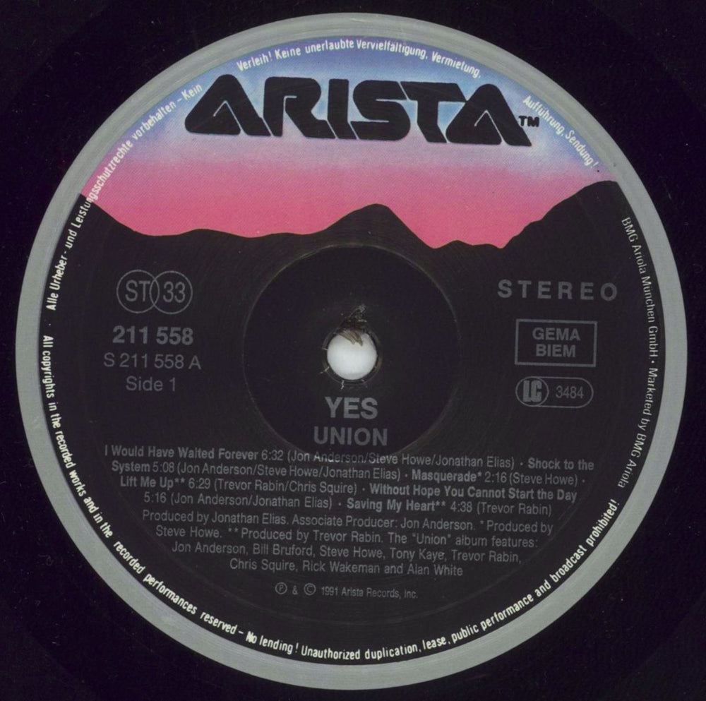 Yes Union German vinyl LP album (LP record) YESLPUN849088